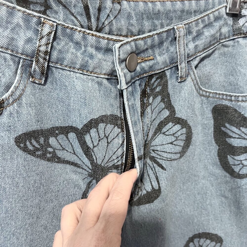 SHEIN Women's Faded Blue & Black Butterflies Jeans-Med P-Trendy-Casual- - Picture 3 of 10
